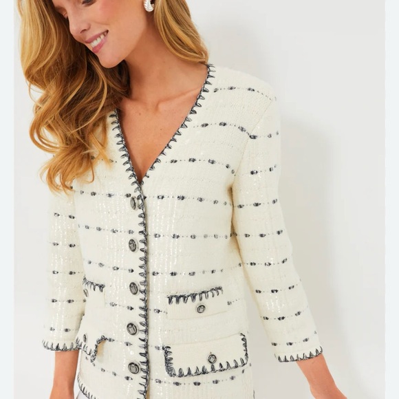 Veronica Beard Ceriani Sequined Knit Jacket Cream Tweed Jacket Cardigan size M - Picture 2 of 6